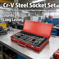 1/2" Drive Impact Socket Set | Cr-V Steel | 6 Point/12 Point | 25 Piece | Impact Socket Set