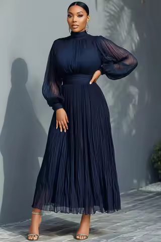 Plus Size Churchs Navy Blue Mock Neck Lantern Sleeve Long Sleeve See Through Elegant Ruffled Midi Dr