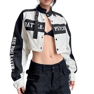 Aelfric Eden Women's Motorcycle Crop Jacket Letter Hiphop Streetwear Vintage Graphic Color Block Var