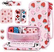GLDRAM Carrying Case for Nintendo Switch &amp; OLED, Accessories Bundle with Portable Travel Case, 2 Joycon TPU Protective Skin, Game Case, Adjustable Shoulder Strap and 2 Strawberry Thumb Caps, Pink