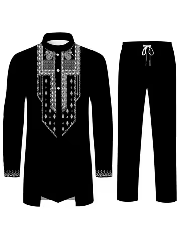 Muslim Culture Men's Fashion Casual Suit Elegant 3D Printed Pattern Middle East Islamic Dress Loose 