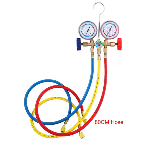 Air Conditioning Pressure Gauge with Hose and Hook 3 Way AC Diagnostic Manifold Gauge Set for Freon