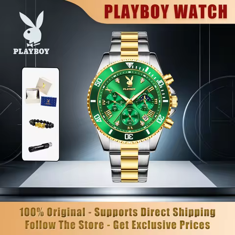 PLAYBOY 3506 Brand original authentic watches for man luxury Gift Box Solid steel belt chronograph c