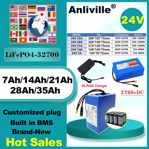 New24V 7Ah 14Ah 21Ah 28Ah 35Ah LiFePO4 Battery Pack 32700 8S1P-5P Built-in BMS For 25.6VE-Scooter To
