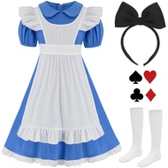 Halloween Costume for Girls, Bule Peter Pan Callar Dress, White Apron and Black Headband