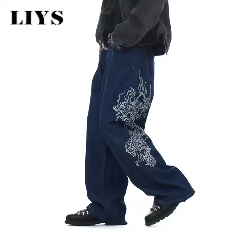 LIYS New Men's Blue Baggy Dragon Embroidered Wide Leg Jeans Spring Summer Classic Blue Baggy Washed 