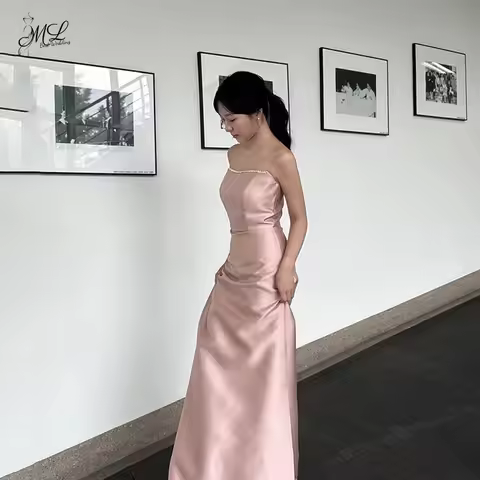 ML Classic Simple Pink Strapless Dress Evening Party Dress Wedding Ball Gown Korea Photoshoot Prom D