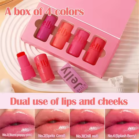 4pcs Set Jelly Cheek Blush Tint 3-in-1 Transparent Moisturized Blusher Facial Contour Rouge Lip Stic