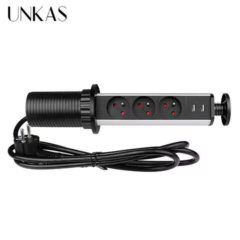 UNKAS 16A PULL POP UP 3 Power EU Socket New Black Color Port Kitchen Table Desktop Sockets Retractab