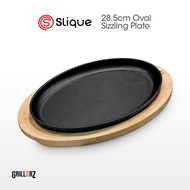 Slique Cast Iron Sizzling Plate with Wood Base - Steak Plate & Eligible