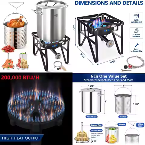 Stainless Steel 52 Quart Round Stock Pot with Cast Iron Burner, High BTU Outdoor Seafood Boil Cookin