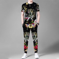 Dad Summer Short-Sleeved Sports Suit Ice Silk Men's Pants Printed Spirit Guy Trendy Outer Wear Plus 