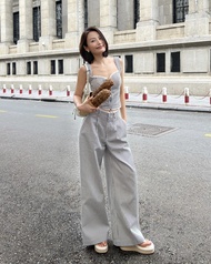 Quần Ống Suông Rộng Màu Kẻ Sọc Lưng Vừa Phối Ren Lưng và Túi - HOO DESIGN