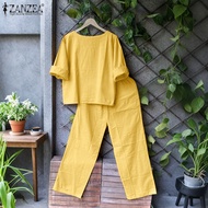 ZANZEA ชุดเสื้อยืดคอกลมสองชิ้นแขน3/4กางเกงขายาวขากว้างชุดเซต #0714