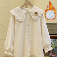 เสื้อเชิ้ตคอตุ๊กตาผ้าคอร์ดูรอยหนาสำหรับผู้หญิง ฤดูใบไม้ร่วง/ฤดูหนาว ดีไซน์ใหม่ ดีไซน์เก๋ไก๋ แขนยาว เ