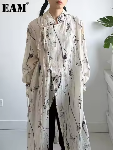 [EAM] Women Apricot Textured Big Size Vintage Blouse New Stand Collar Long Sleeve Shirt Fashion Tide