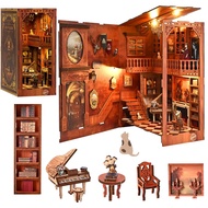 Book Nook Wooden Dollhouse, DIY Library Book Nook Kit, Miniature Dollhouse with LED Lights, Book Cor