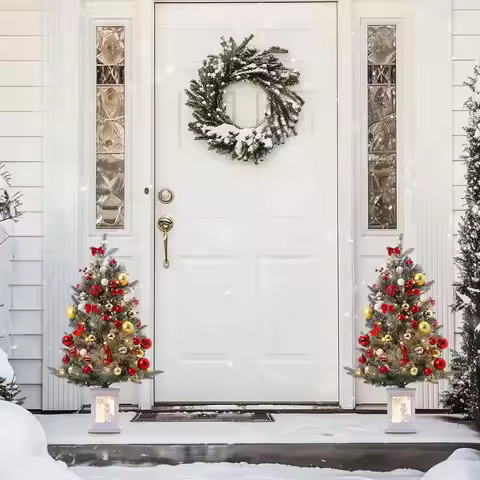 2PCS 3ft Pre-Lit Snow Flocked Christmas Tree with 78 Warm White LEDs 8 Modes & Gingerbread Man Light