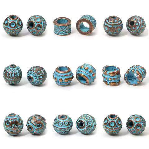 20pcs Vintage Patina Spacer Beads Making Antique Copper Blue Geometric Metal Beads For DIY Jewelry M
