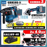 BOSCH CORDLESS COMBO GBH185-LI 18V ROTARY HAMMER + GWS180-LI 18V GRINDER C/W GAL18V-40 CHARGER AND 4