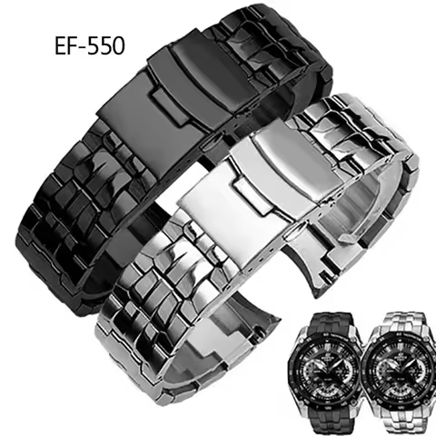 For Casio EF-550 EF-524 Stainless Steel Watchband 22mm Silver Strap Deployment Buckle Bracelet Metal
