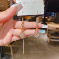 Design-inspired zircon pipa threader earrings for women, new trendy personalized fashion long dangle