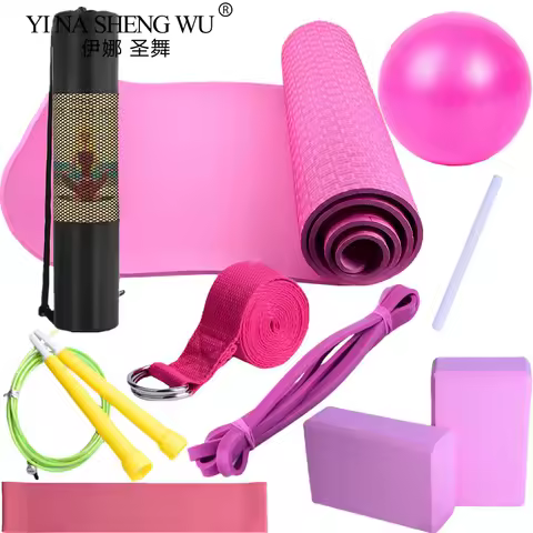10Pcs Yoga Mat Set for Beginners,Yoga Mat Yoga Blocks 2 Pack with Yoga Strap,Yoga Ball,Ankle Puller 