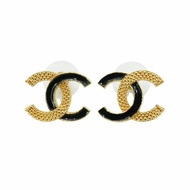 Chanel 雙色CC Logo針式耳環(黑/金)
