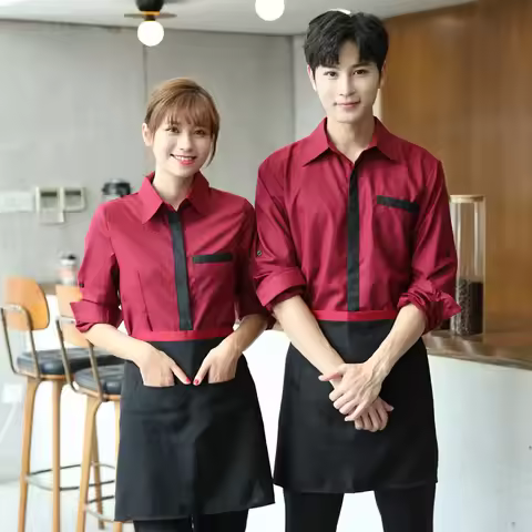 Long Sleeve Restaurant Hotel Uniform Set for Men Women Bartender Barber Jacket&Apron