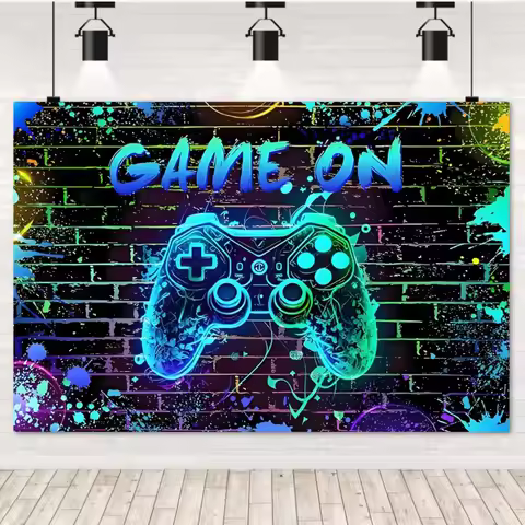 Game On Theme Video Gamer Kids Birthday Party Neon Green Gaming Next Level Up Background Baby Shower