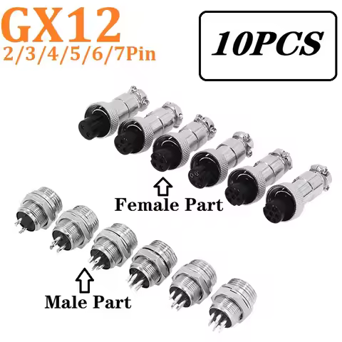 10-Piece GX12 Aviation Socket Male & Female 2/3/4/5/6/7Pin 12mm Wire Panel Connector Aviation Plug C