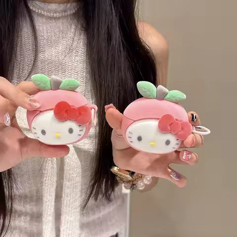 Cute 3D Cartoon Flocked Peach Hello Kitty Earphone Case For Airpods Pro3 Pro2 Pro Airpods 1 2 3 4 Si