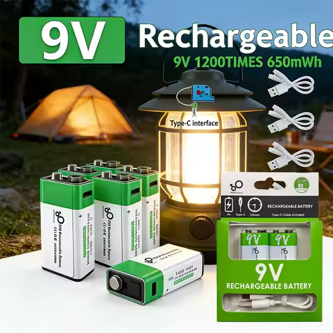 9V USB Rechargeable Lithium Battery Type-C Built-in Charger for Multimeter, Metal Detector 6F22 Micr