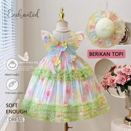 [ENCHANTED PRINCESS] Fresh Girls' Daily Dress with Pastel Tulle Floral Pattern, Cute Garden Hat Best