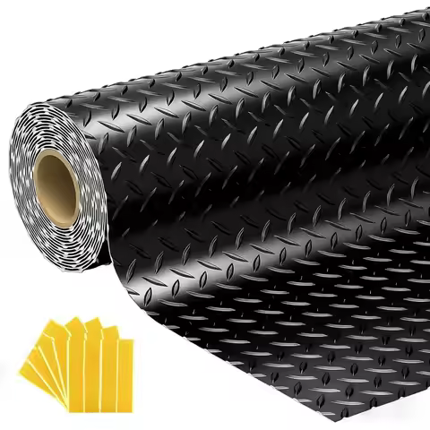 7.5x18 FT Garage Floor Mat, Flooring Roll with 20Pcs Tapes, 135 sqft Diamond Plate PVC Rubber Traile