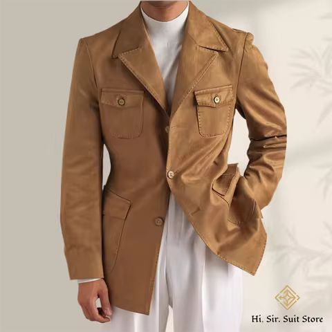 Hunting Jacket With Lapel Collar Men's Vintage-Style Faux Suede Blazer Fashionable Casual Italian Sl