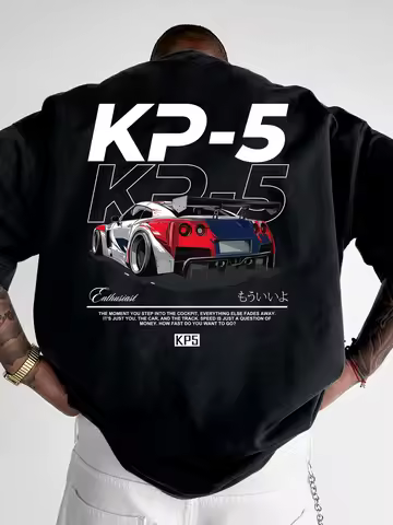 Men's summer 100% pure cotton fashionable casual loose kp5 racing graphic print round neck short sle