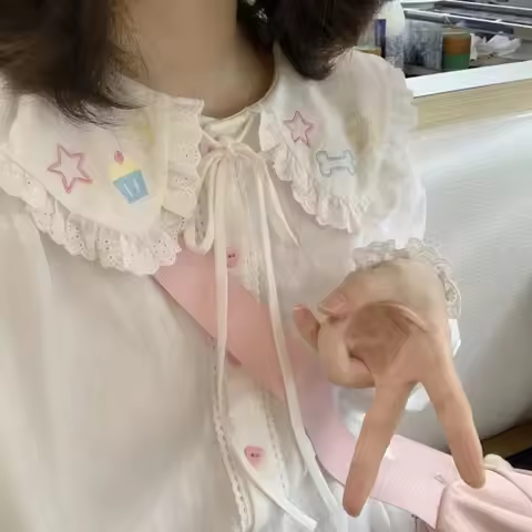 2025 Spring Blouse Women Japanese Kawaii Cute Lace Patchwork Peter Pan Collar Shirt Vintage Sweet Em