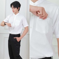 🎊เสื้อนักศึกษาแขนสั้นชาย[คอปก/คอจีน]รอบอก36-56(ผ้าคอมทวิว)สีขาวนวล-สีขาวสว่าง
