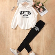 Tween Girl Knitted Thermal Lined Letter Embroidered Loose Long Sleeve Hooded Sweatshirt With Curved 