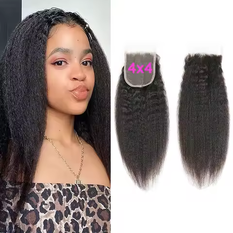 Kinky Striahgt 4x4 Swiss Lace Closure 100% Human Hair Yaki Straight 4x4 Transparent Lace Preplucked 