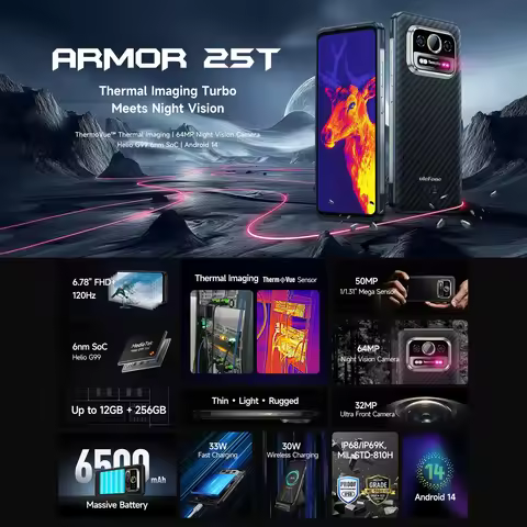 Ulefone Armor 25T Rugged Phone Thermal Imaging 6GB+256GB 6.78'' Android 14 MediaTek Helio G99 Octa C
