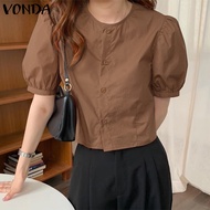 VONDA Women Casual Crew Neck Puff Sleeves Solid Cropped Blouse (Korean Causal)