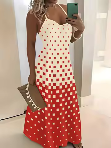 Printed Design Summer casual style red apricot checkered patterned camisole skirt