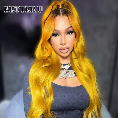 Straight Yellow Colored Human Hair Wig With Dark Root 13x4 13x6 Clear Lace Front Wig For Women Pre-P
