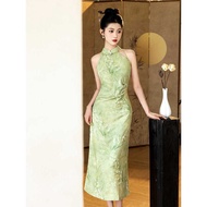 New Chinese Style Improved Cheongsam 2025 Summer Women Halter Neck Sleeveless Light Green Gangnam St