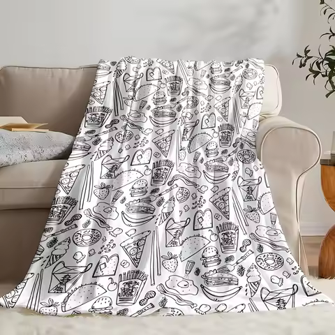 Junk Food Coloring Book Flannel Blanket - Whimsical Food Illustrations, Soft All-Season Throw for So
