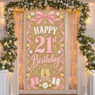 Happy 21st Birthday Door Banner 180x90cm/70.86x35.43 inch Pink Bow Floral Door Cover Polyester 21 Bi