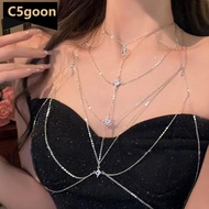 C5GOON Multi Layer Square Zircon Chest Body Chain For Women Silver Color Sexy Beach Bikini Geometric