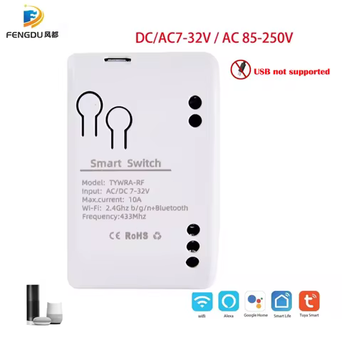 Alexa Smart Switch Tuya Smart Home 1CH 2CH Wifi Switch 220V 7-32V 85-250V 10A Wireless Relay Module